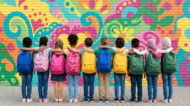 Diverse group of happy elementary school children with backpacks stand together in front of a colorful mural, embracing friendship and school spirit for back to school or educational concepts.
