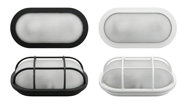 Set of four oval bulkhead lights in black and white, with and without protective cages, isolated on transparent background