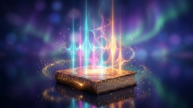 Closed leather bound book with glowing ornate cover radiating magical light beams and golden sparks against a blurred colorful nebula backdrop, signifying mystery and fantasy.