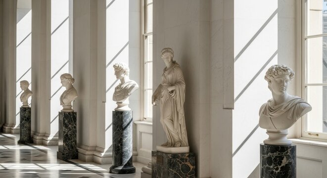 A serene hall displays rows of classic marble busts and statues standing upon patterned stone pedestals as natural sunlight pours through tall arched windows to illuminate the historic