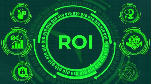 ROI return on investment concept with glowing financial charts, business strategy icons and futuristic technology background.corporate financial performance analysis with roi indicators, profit growth