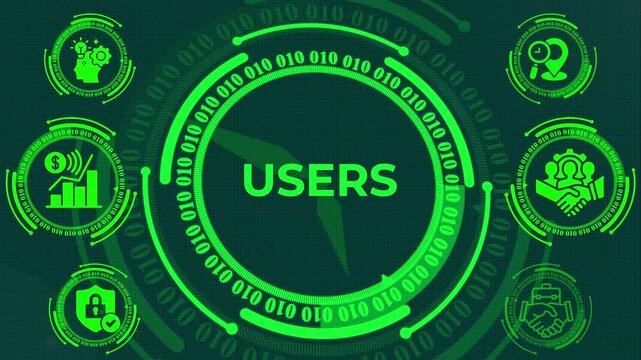futuristic users interface with digital binary code and business technology icons, hud style motion graphic animation