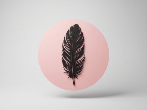 Black feather icon on soft pink circle background with minimalist, floating