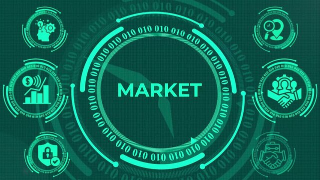 Futuristic digital interface displaying financial market analytics and business collaboration metrics over an animated green tech grid - 4K loopmarket analysis digital hud animation with binary code, 