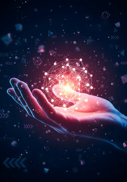 Hand Holding Glowing Network Sphere Digital Technology Concept