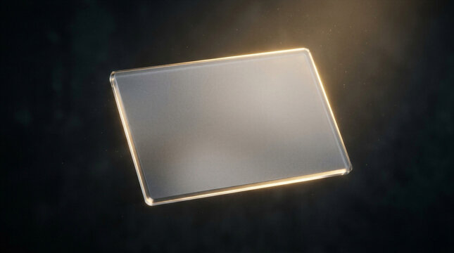 Frosted glass rectangle panel with glowing gold edges floating in dark background. Blank display surface for digital business communication and promotional content. Corporate branding design