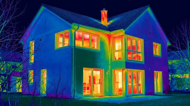 Thermal image of a house at night showing heat loss from windows and roof, indicating poor insulation and energy efficiency.