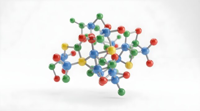 3D render of a complex molecular structure with colorful atomic spheres and chemical bonds isolated on white background