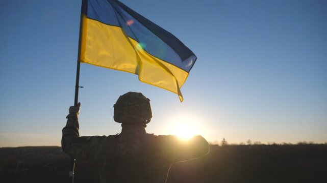 Young military man in camouflage uniform with flag of Ukraine saluting against of sunset. Male ukrainian army soldier standing at the peak of hill with national banner. Invasion resistance. Rear view