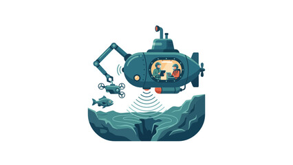 Naklejka premium Cartoon submarine exploring underwater ocean with fish and drone.