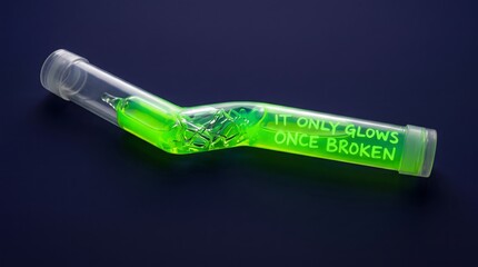 Fototapeta premium A fractured green glow stick emitting bright neon light, serving as a powerful metaphor for how hardship and adversity can unlock hidden inner strength and resilience.