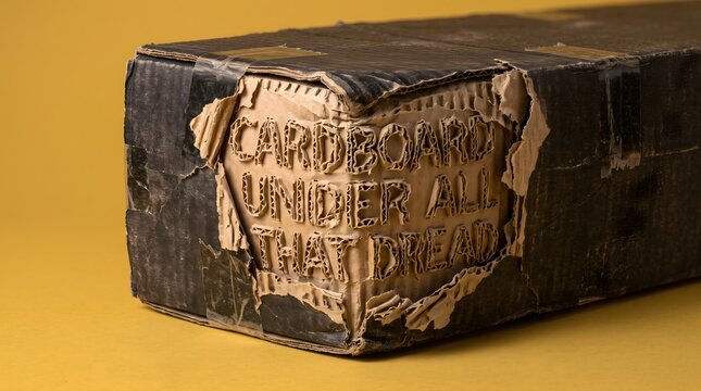 A torn dark cardboard box reveals carved corrugated text reading 'CARDBOARD UNDER ALL THAT DREAD', symbolizing hidden emotional layers and vulnerable truth beneath surface fears.