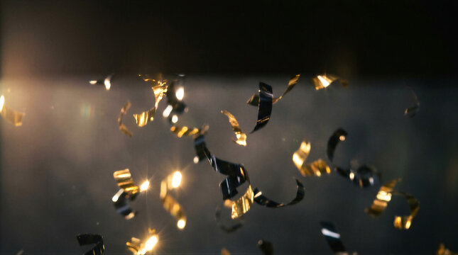 Golden confetti falling in dark background. Celebration event backdrop for Black Friday sale promotion and retail marketing campaign. Festive luxury lighting for business anniversary gala