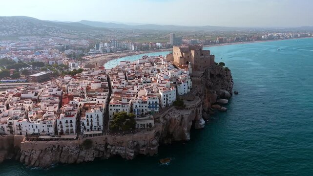Peniscola castle and old town, aerial drone view, Valencian region, Spain. High quality 4k footage