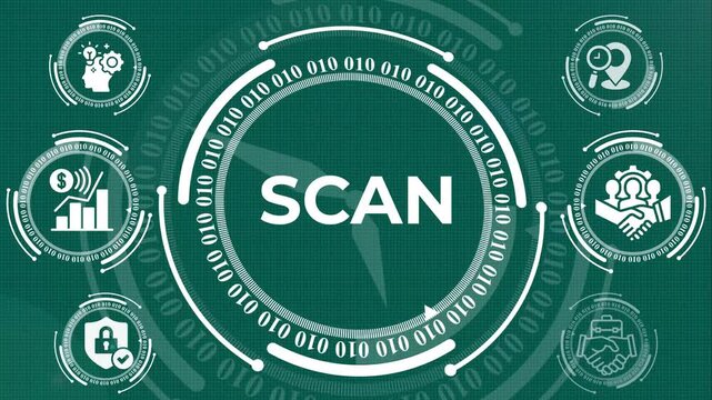 Digital data scan HUD concept for business technology, Advanced digital scanning HUD with binary code, business growth, and partnership icons. Ideal for cybersecurity, data analytics, and corporate  