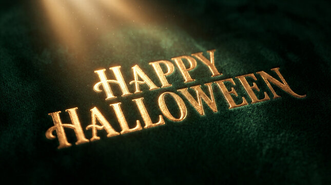 Happy Halloween gold embossed text on a dark green velvet texture surface. Luxury elegant greeting card background with cinematic lighting and deep depth of field. Holiday design