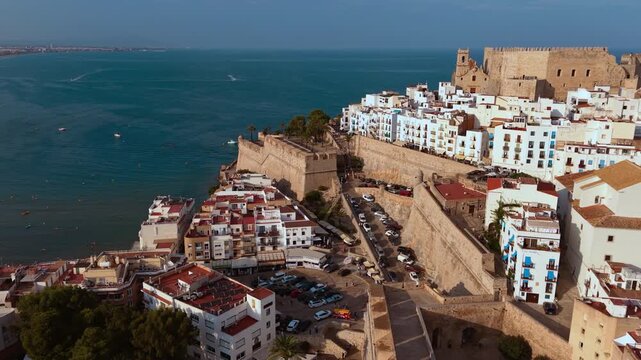 Peniscola castle and old town, aerial drone view, Valencian region, Spain. High quality 4k footage
