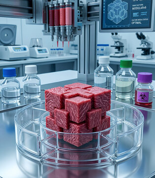 Cultured meat steak in a petri dish inside a clean modern laboratory with scientific equipment showcasing future food innovation commercial technology abstract concept