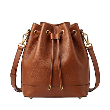 Tan leather bucket bag with drawstring closure with luxury brown leather on transparent background