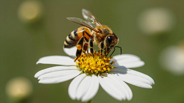 Macro Shot of Honey Bee Collecting Nectar on White Daisy Flower for Honey Production Concept