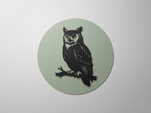 Graphic illustration of a black owl perched on a branch inside a circle