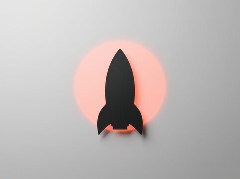 Rocket ship silhouette symbol on glowing orange circular background