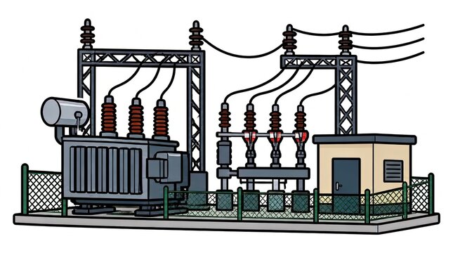 Cartoon Electrical Substation with Transformer and Power Lines - Vector Illustration