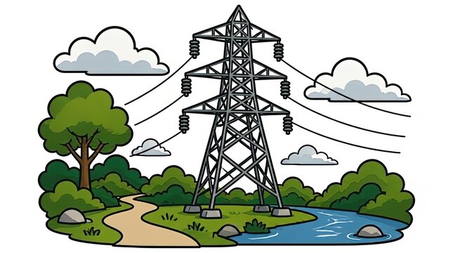 Cartoon illustration of a towering electricity pylon and power lines in a scenic landscape with a river, trees, and clouds.