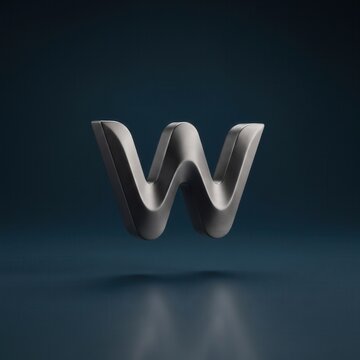 Bold letter w chrome 3D typography on dark background with typography, metallic