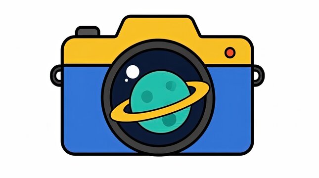 Retro Camera with Planet Logo Lens - Vector Illustration