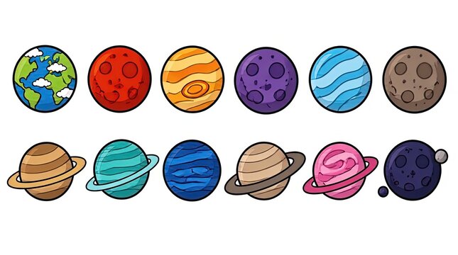 Colorful Cartoon Planets Set: Solar System Icons for Education, Science, and Kids' Designs