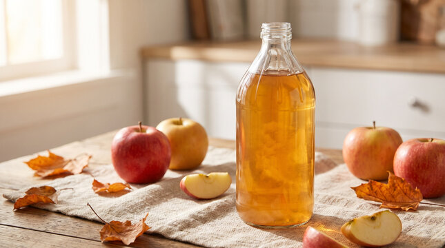 Organic apple cider vinegar mother in a glass bottle with fresh red apples and autumn leaves. For health wellness and autumn harvest theme.