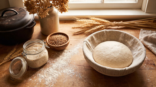 Modern sourdough baking prep featuring bread dough in basket with flour and wheat ears. For autumn home baking and traditional food theme.