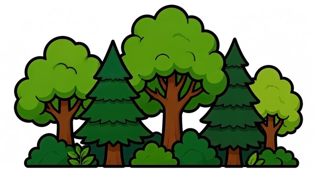 Stylized Cartoon Forest Scene with Evergreen and Deciduous Trees and Bushes