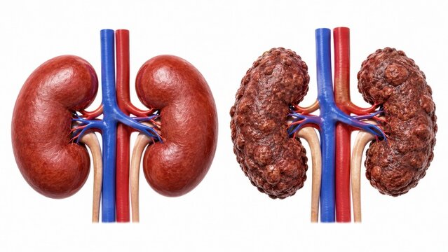 Anatomical comparison of healthy kidneys and polycystic kidney disease showing severe organ scarring.