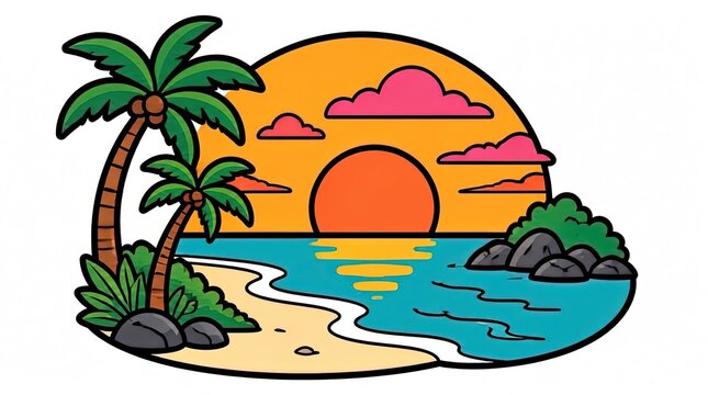 Vibrant Cartoon Tropical Beach Sunset with Palm Trees and Ocean View