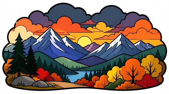 Stylized Mountain Landscape with Autumn Foliage and Sunset Sky