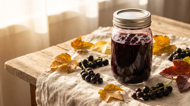 Black currant jam glass jar on a wooden table with autumn leaves. This image is suitable for the autumn harvest and food preservation theme.