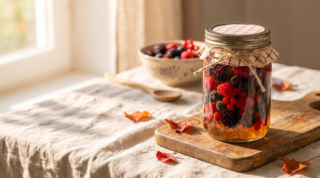 Canned mixed berries in glass jar on a rustic wooden board with scattered leaves. This image illustrates autumn berry harvesting and canning.