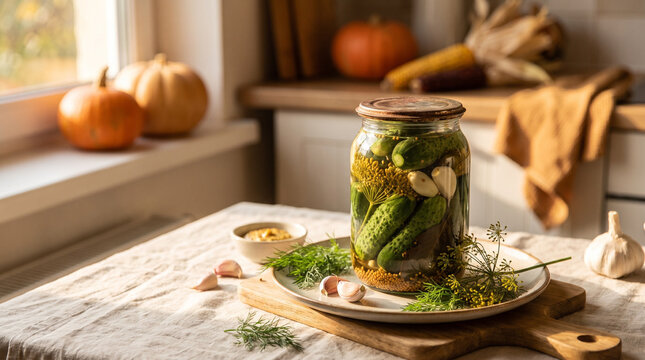 Canned whole cucumbers with mustard seeds and herbs in a glass jar. This photo showcases autumn vegetable preservation and pickling.