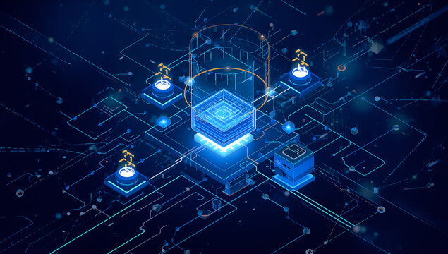Futuristic MLOps monitoring system illustration displaying abstract AI model core connected with data streams and machine learning pipeline