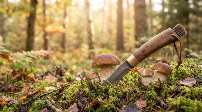 Eco friendly mushroom harvesting knife placed on a mossy forest floor near mushrooms. This visual represents the autumn hobby of mushroom hunting in the woods.