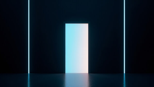 Futuristic abstract door of opportunity illustration with minimal glowing doorway symbolizing new career path and business breakthrough
