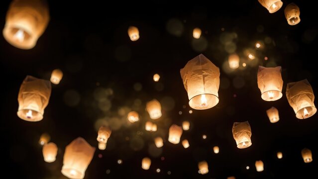Glowing paper sky lanterns floating in a dark night sky