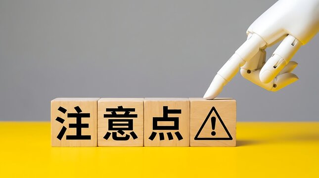 Robot hand points to wooden blocks with Japanese characters for 'points of attention' and warning triangle symbol emphasizing caution and important information, close-up studio shot.