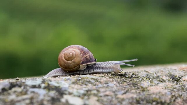 Close-up side view of a Roman snail, Helix pomatia, slowly crawling from left to right across a wet stone ledge during rainfall. 
