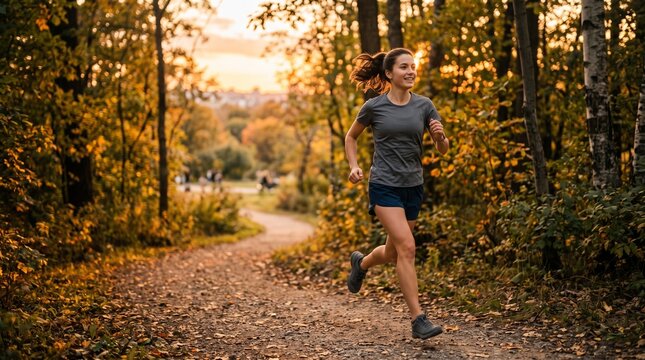Woman jogging on a wooded trail at sunset with running shoes exercise outdoors wellness training