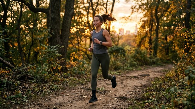 Woman running on a nature trail during golden hour with running shoes exercise outdoors wellness