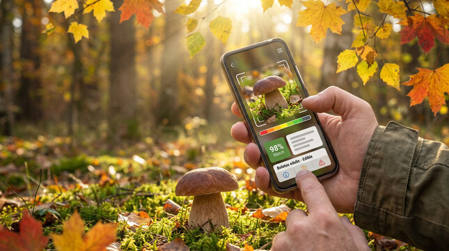 Identifying edible mushrooms smartphone application used by a person in the forest. This image highlights the use of technology during autumn outdoor activities.