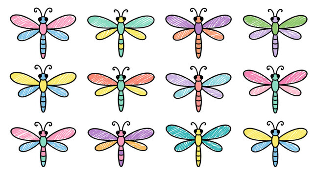 Collection of colorful cartoon dragonflies with detailed wings and bodies